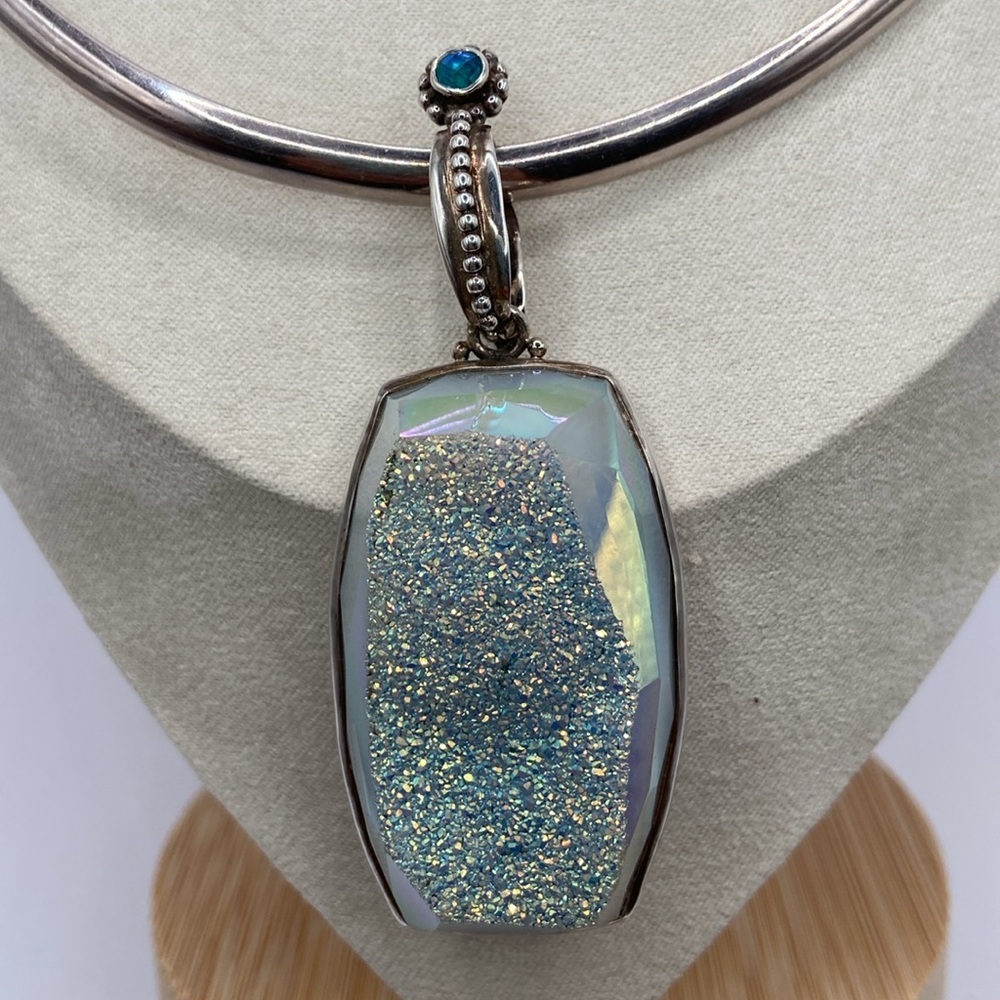 Sterling Silver 925 Large Druzy Quartz Blue Mystic Quartz Pendant - Picture 9 of 14